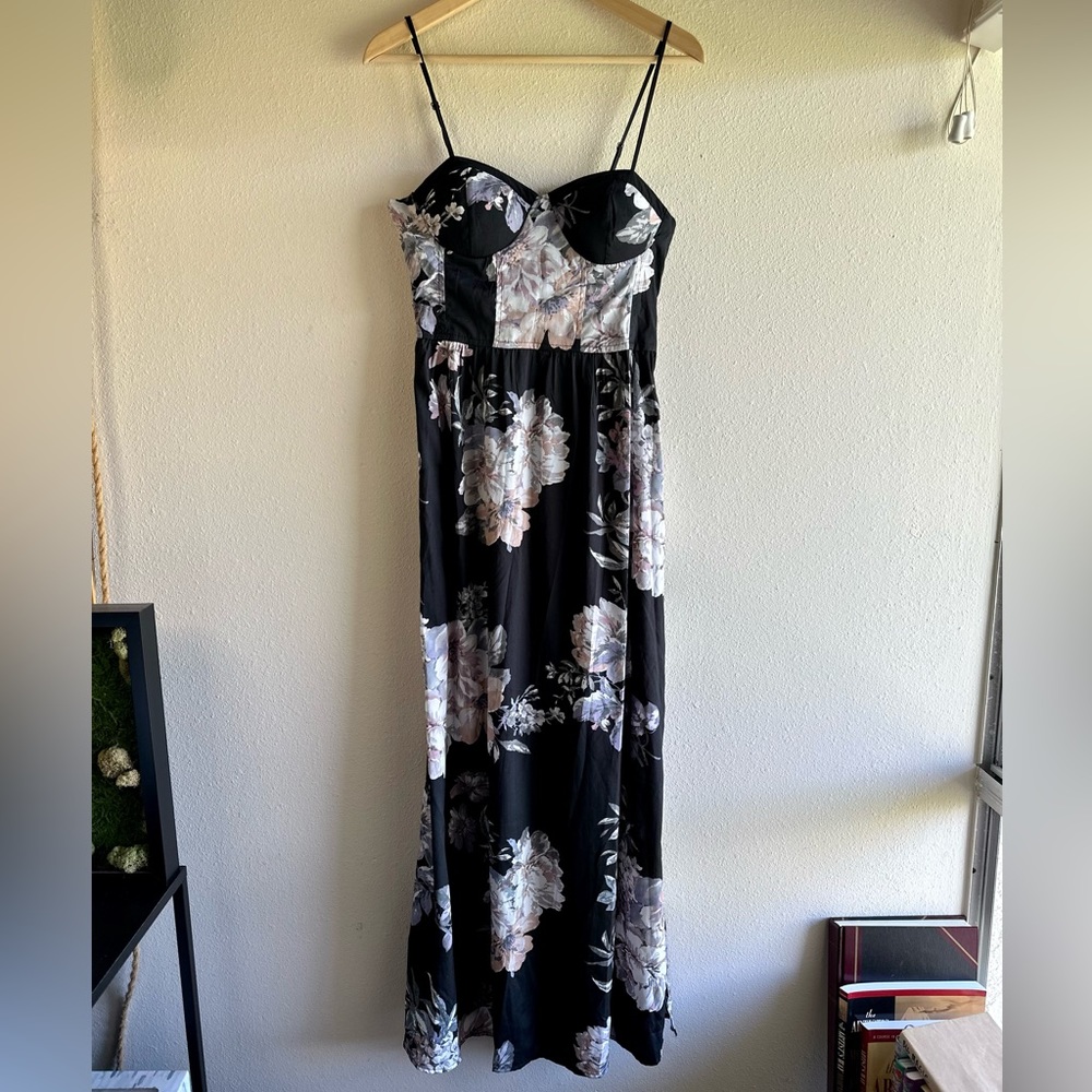 Long Spaghetti Strap Flowered Black Dress